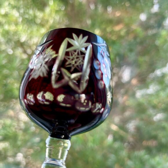 Set of 5 Vintage Cranberry Cut-to-Clear Bohemian-Style Cordial Glasses - Picture 7 of 13